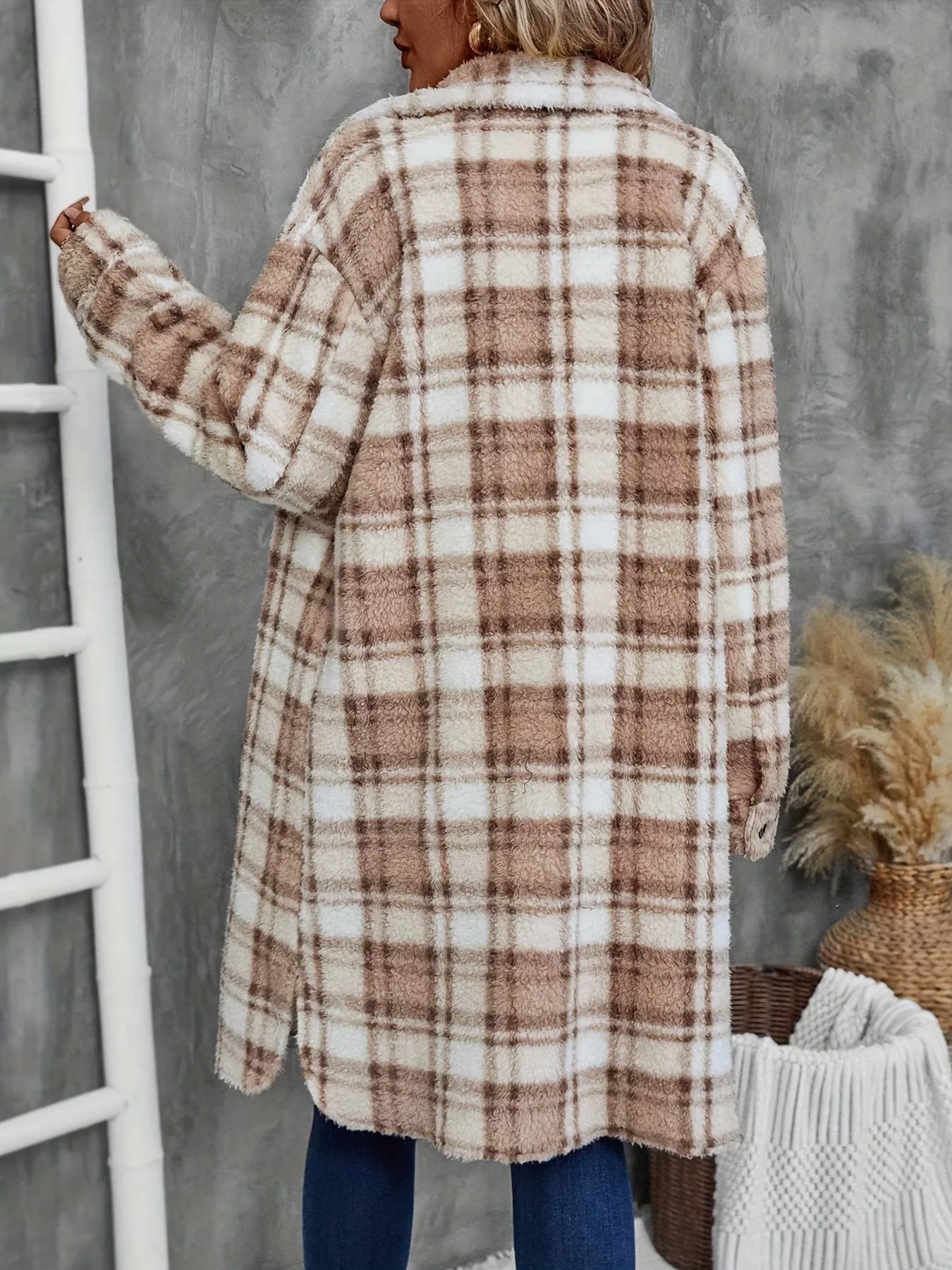 Plaid Fleece Button Up Longline Outerwear - Image 2