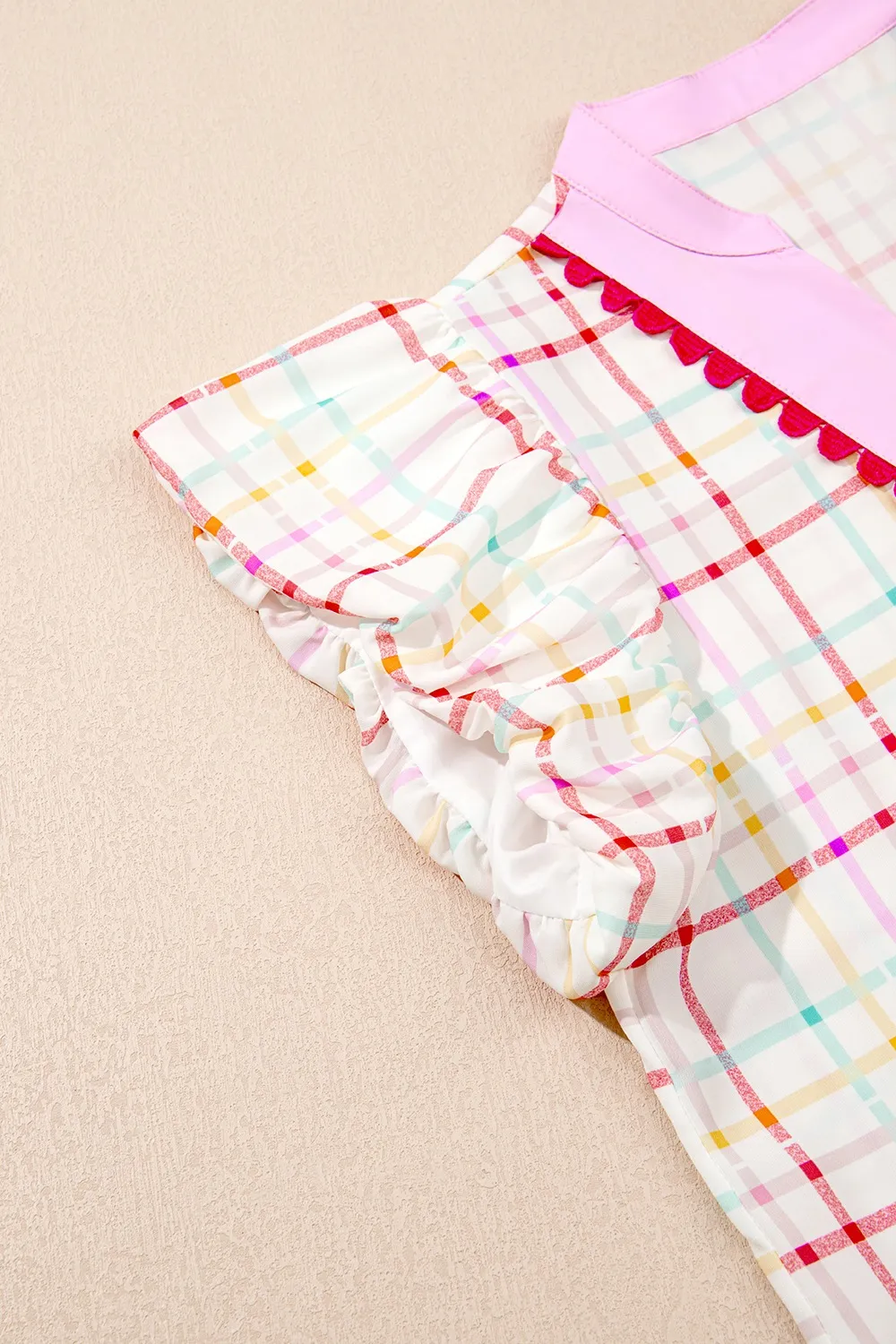 Plaid Flutter Sleeve Ric Rac Split V Neck Blouse - Image 8