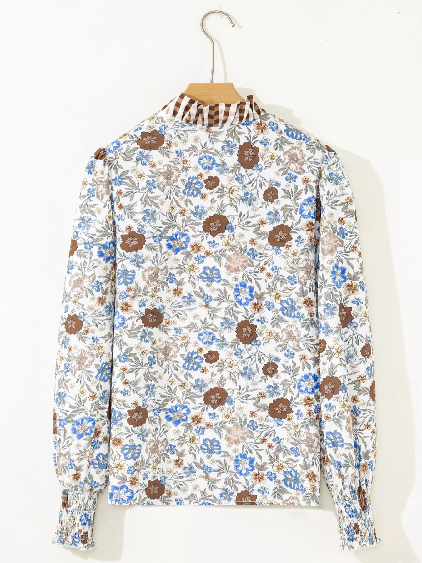 Plaid Frilled Trim V Neck Floral Long Sleeve Blouse - Image 3