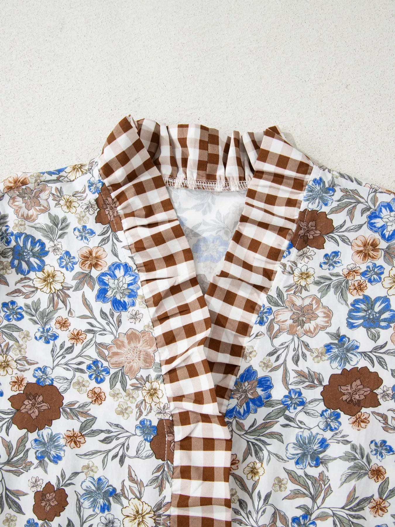 Plaid Frilled Trim V Neck Floral Long Sleeve Blouse - Image 4