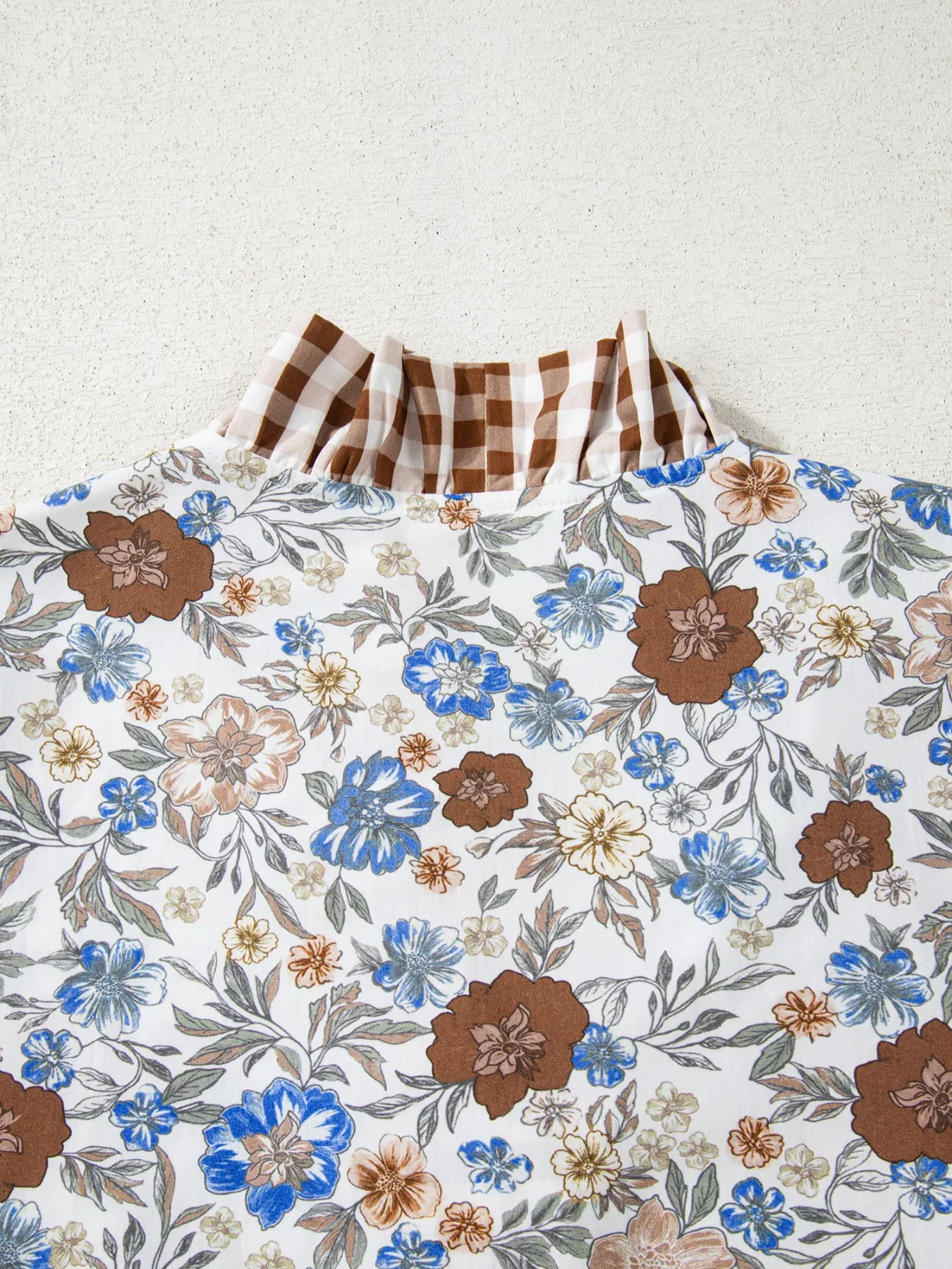 Plaid Frilled Trim V Neck Floral Long Sleeve Blouse - Image 5