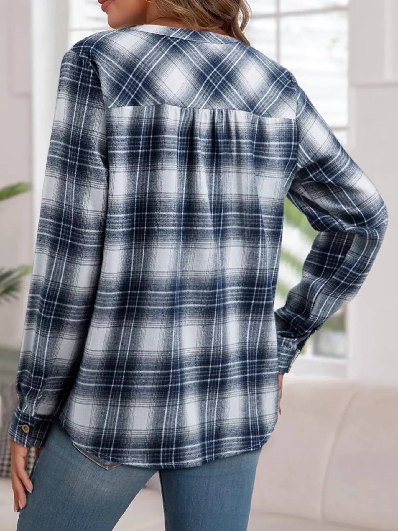 Plaid Half Button Long Sleeve Blouse - Image 19