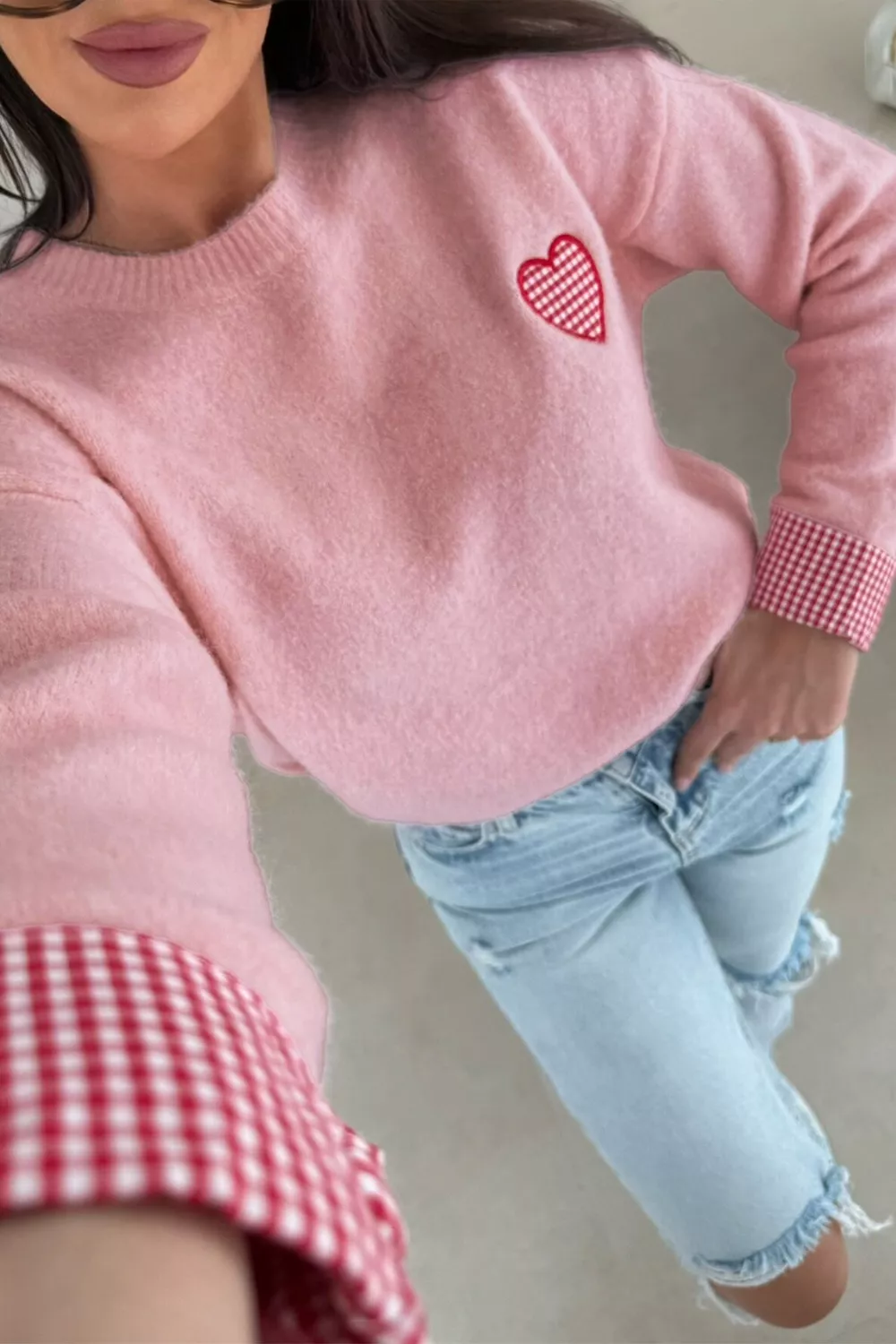 Plaid Heart Embroidered Cuffed Drop Shoulder Crew Neck Sweater - Image 2
