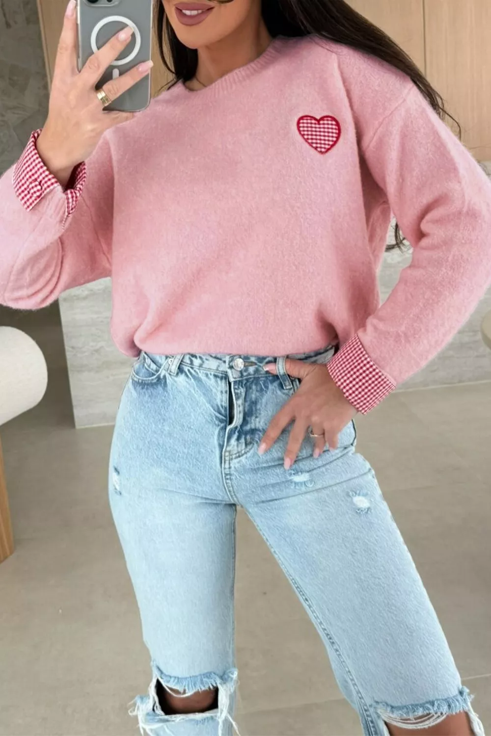 Plaid Heart Embroidered Cuffed Drop Shoulder Crew Neck Sweater - Image 3