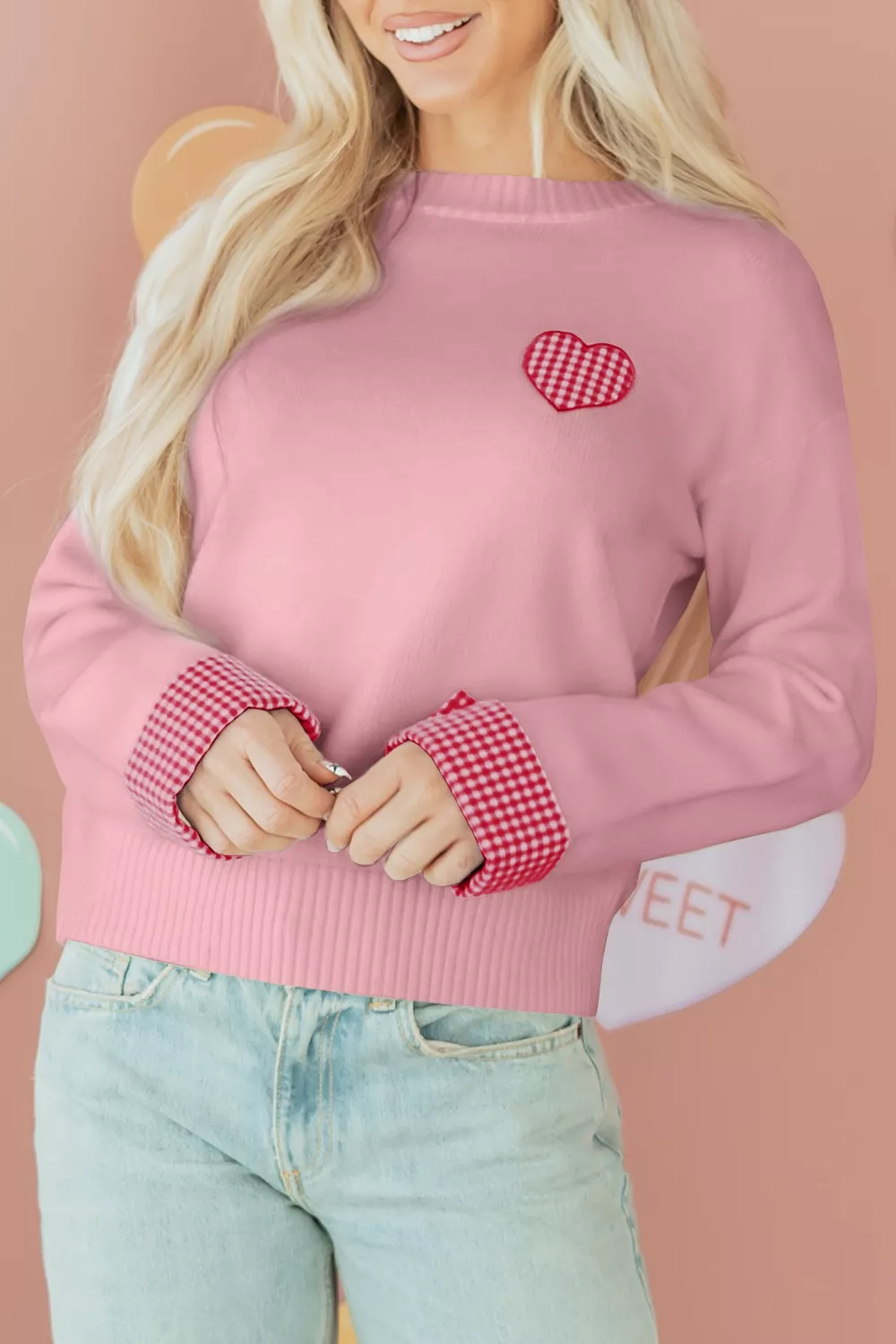 Plaid Heart Embroidered Cuffed Drop Shoulder Crew Neck Sweater - Image 4