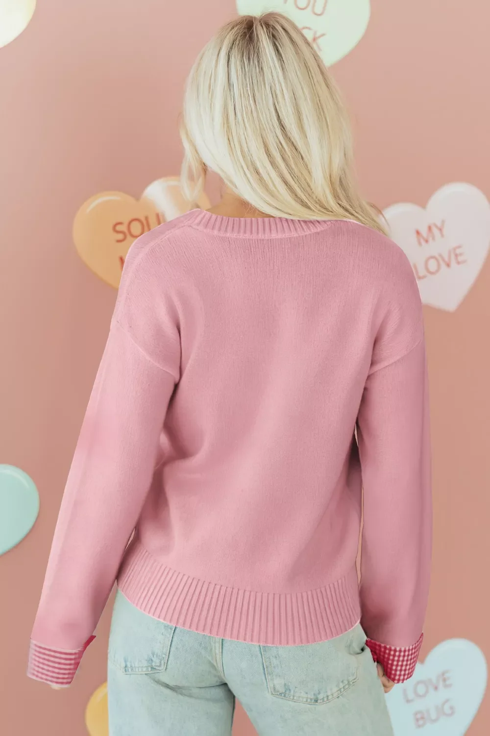 Plaid Heart Embroidered Cuffed Drop Shoulder Crew Neck Sweater - Image 5