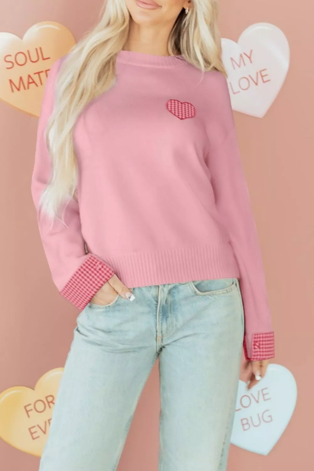 Plaid Heart Embroidered Cuffed Drop Shoulder Crew Neck Sweater - Image 6