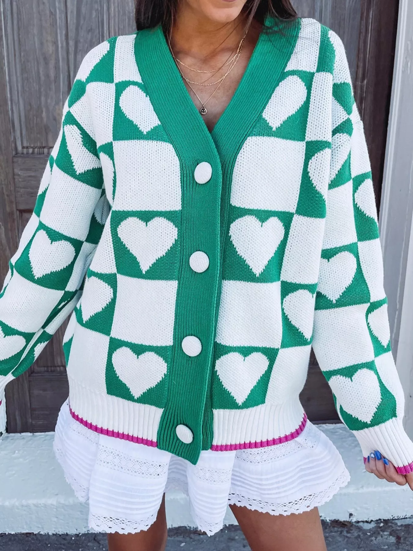 Plaid Heart Knit V Neck Button Down Sweater Cardigan - Image 3