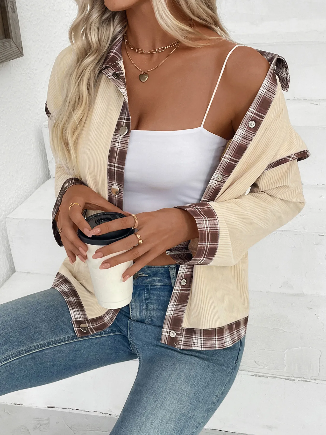 Plaid Hem Button Up Long Sleeve Shacket - Image 5