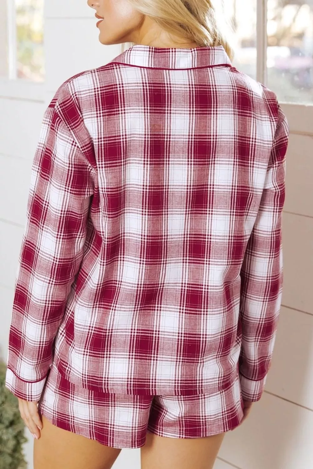 Plaid Long Sleeve Shirt and Drawstring Shorts Lounge Set - Image 2