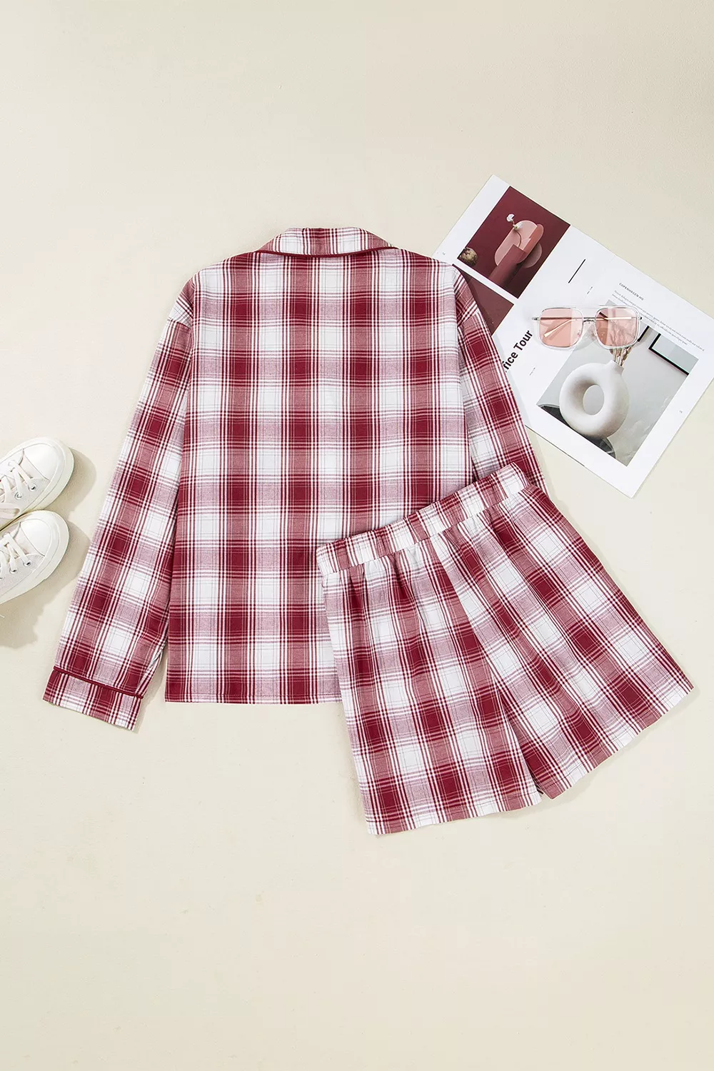 Plaid Long Sleeve Shirt and Drawstring Shorts Lounge Set - Image 8