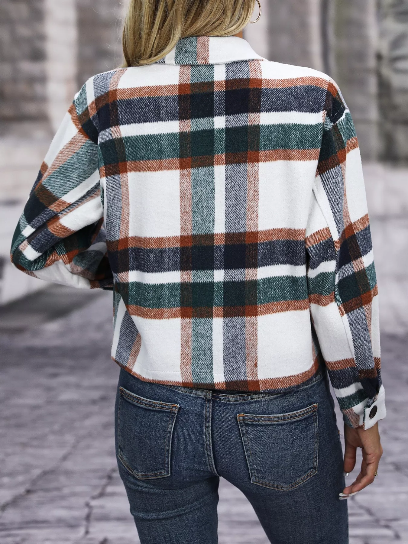 Plaid Oversized Button-Up Cropped Jacket - Image 8