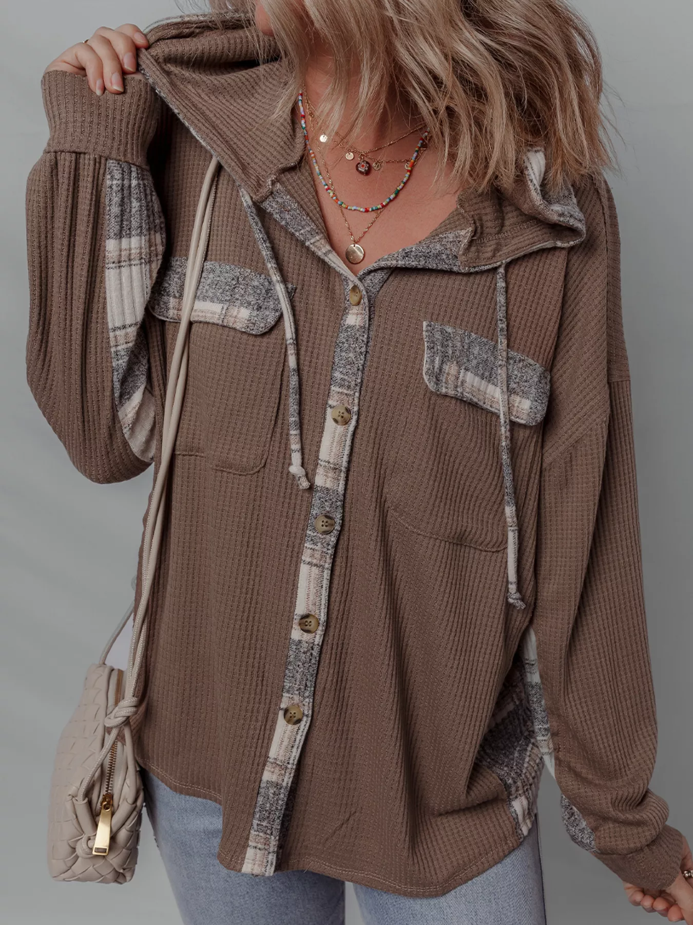 Plaid Patchwork Button Down Drawstring Hooded Shacket - Image 3