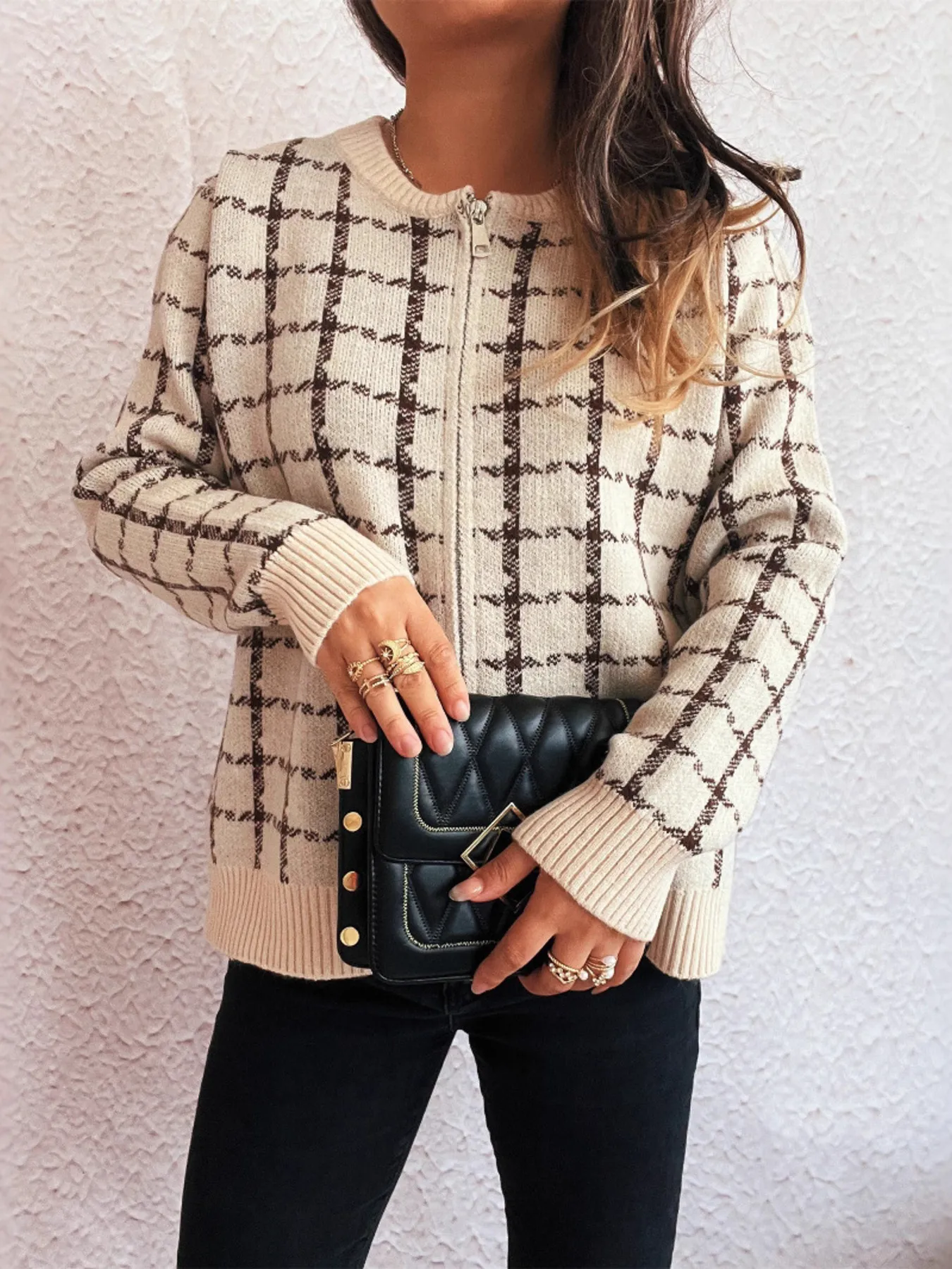 Plaid Pattern Zip Up Cardigan - Image 9