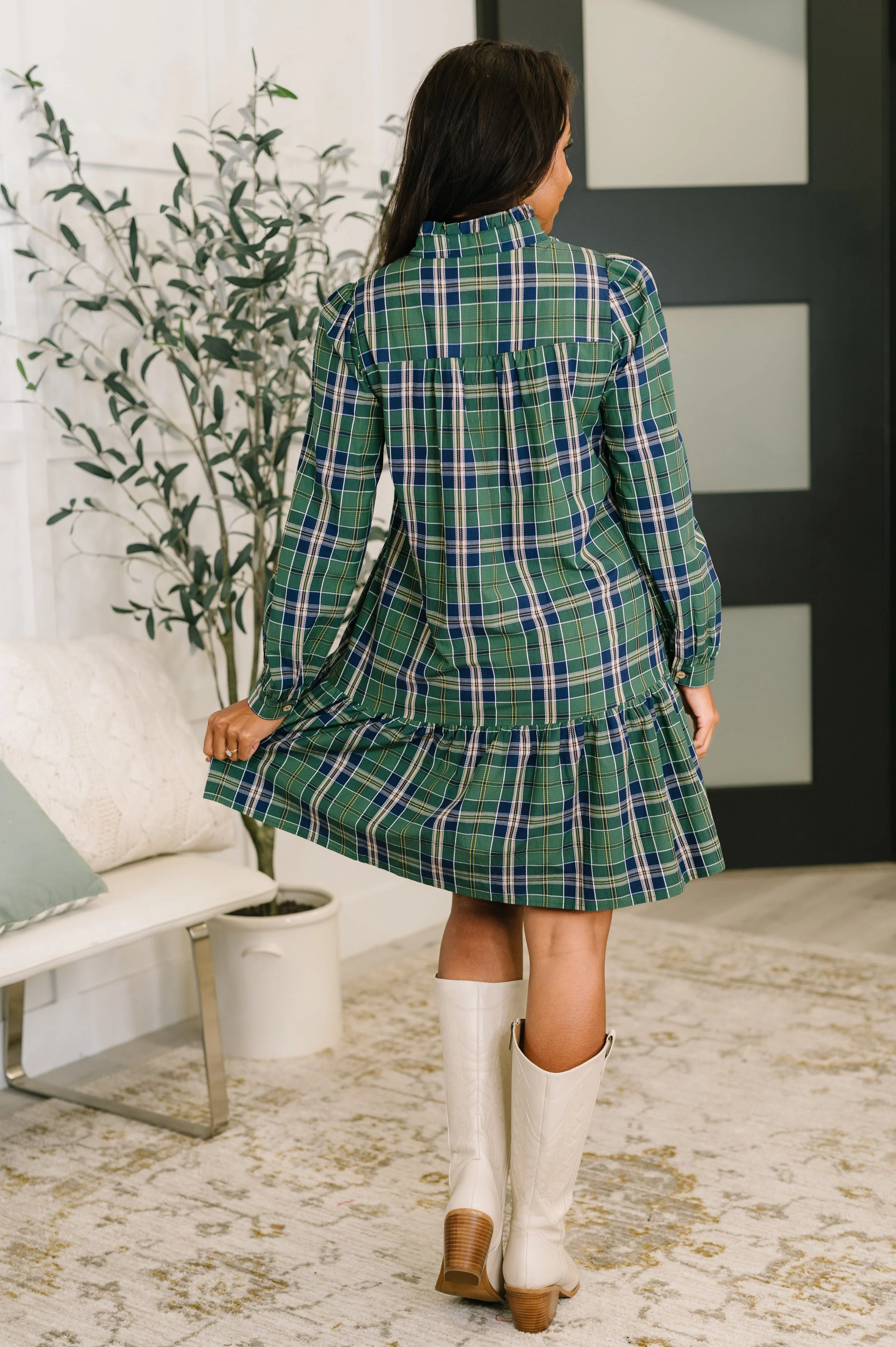 Plaid Perspective Split Neck Long Sleeve Dress - Image 5