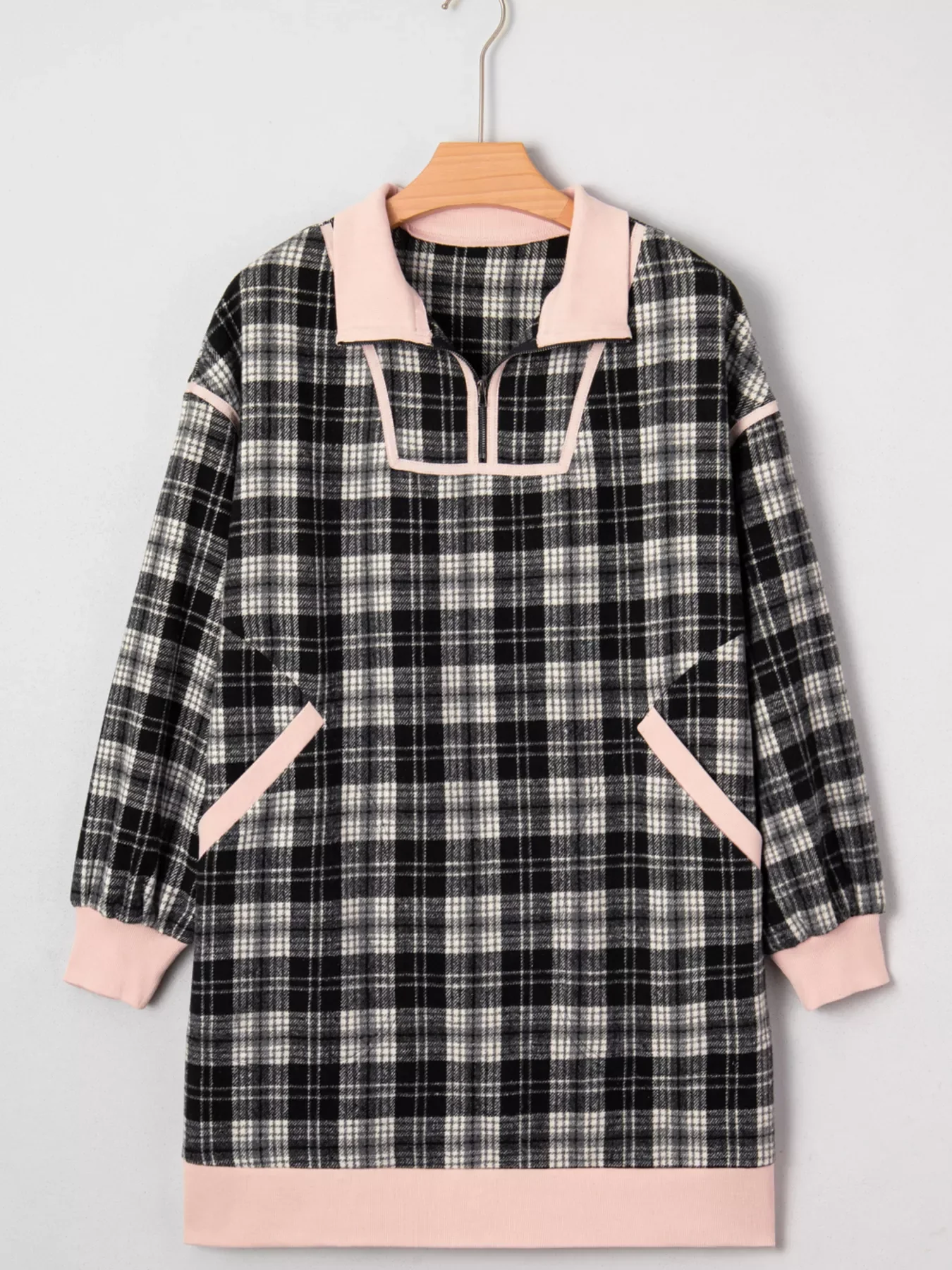 Plaid Polo Collar Zip up Contrast Trim Shift Long Sleeve Mini Dress - Image 4
