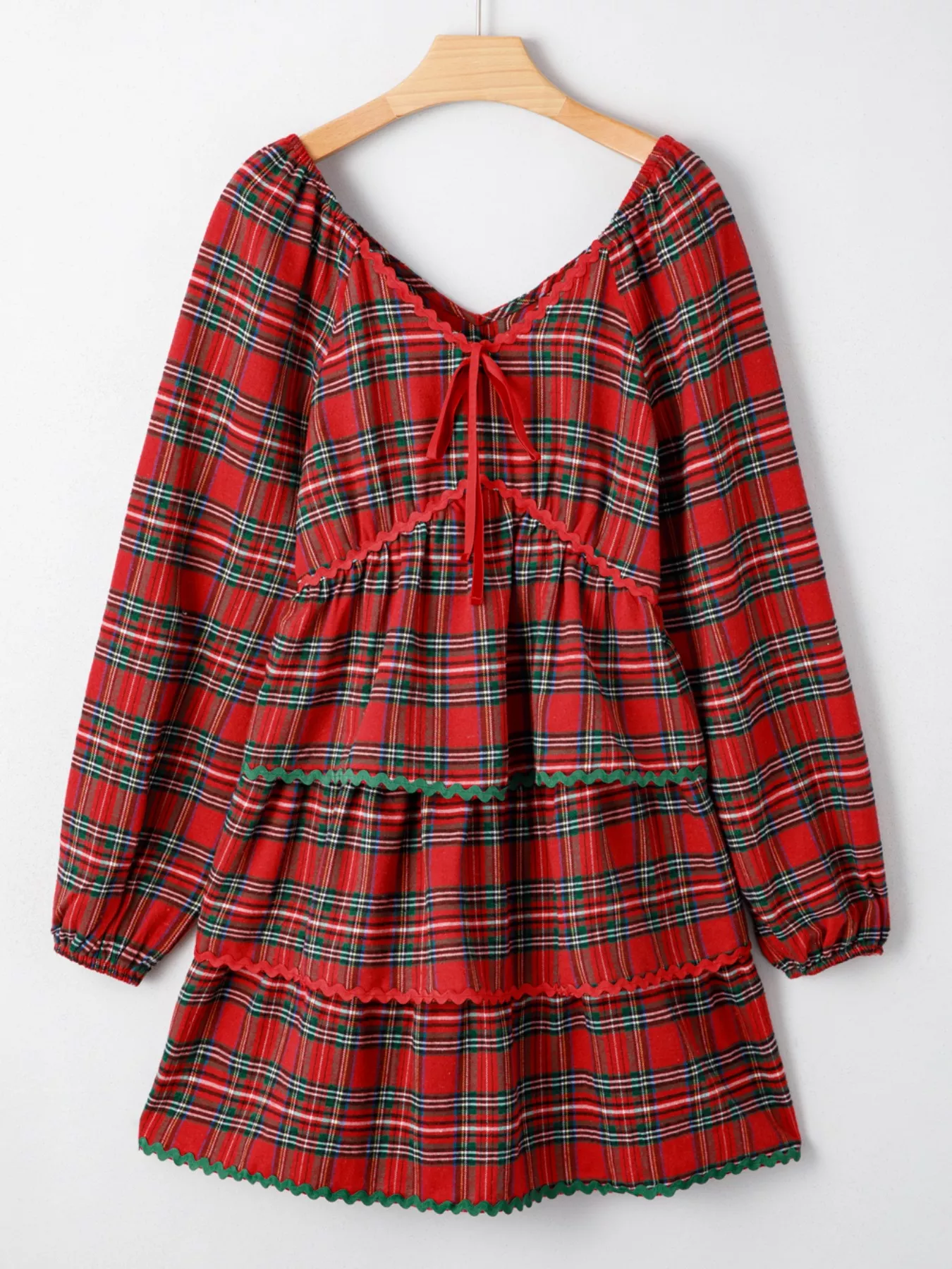 Plaid Print Ricrac Tiered Bubble Sleeve Mini Dress - Image 10