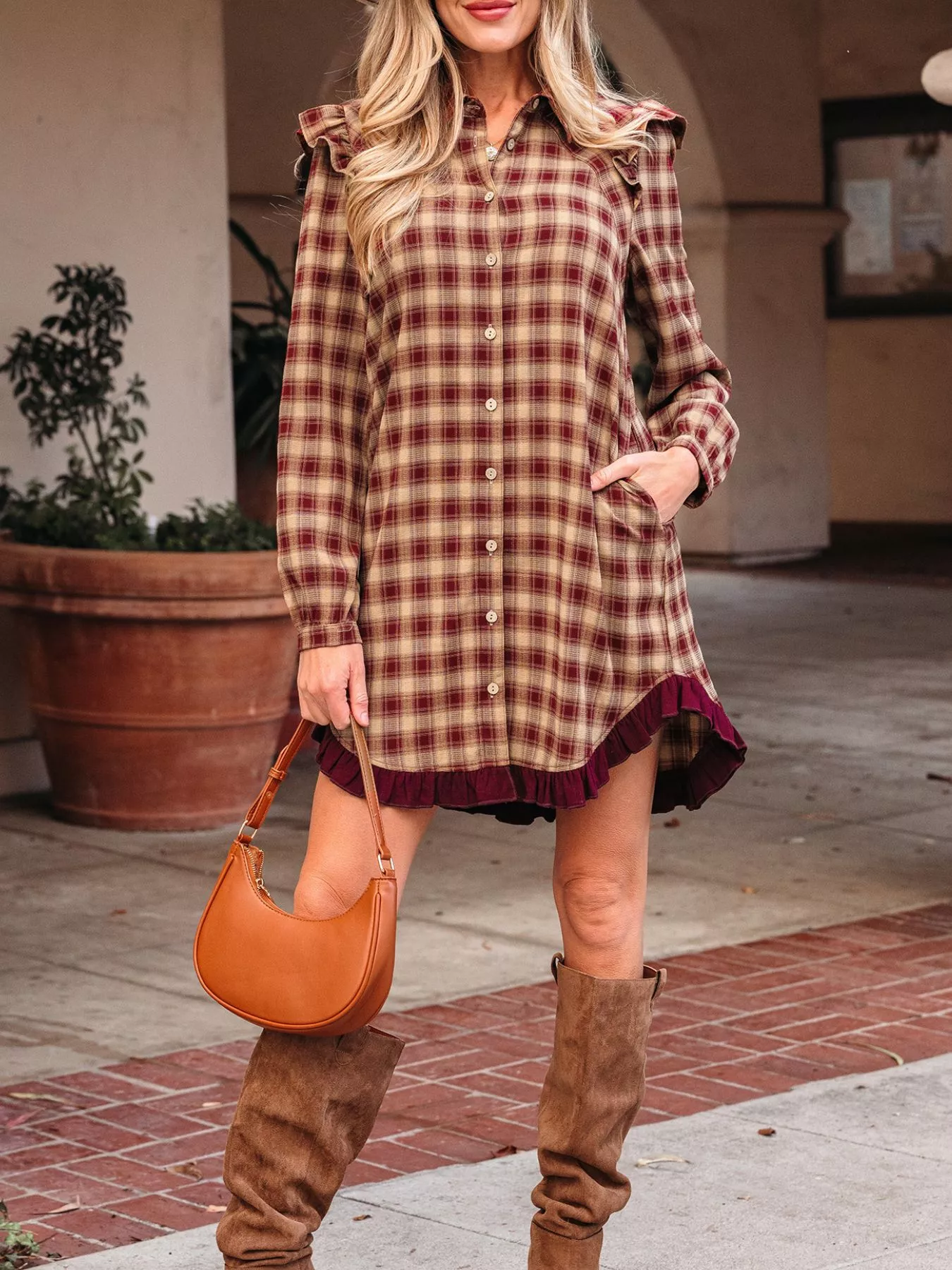 Plaid Print Ruffled Long Sleeve Patchwork Hem Mini Shirt Dress - Image 3
