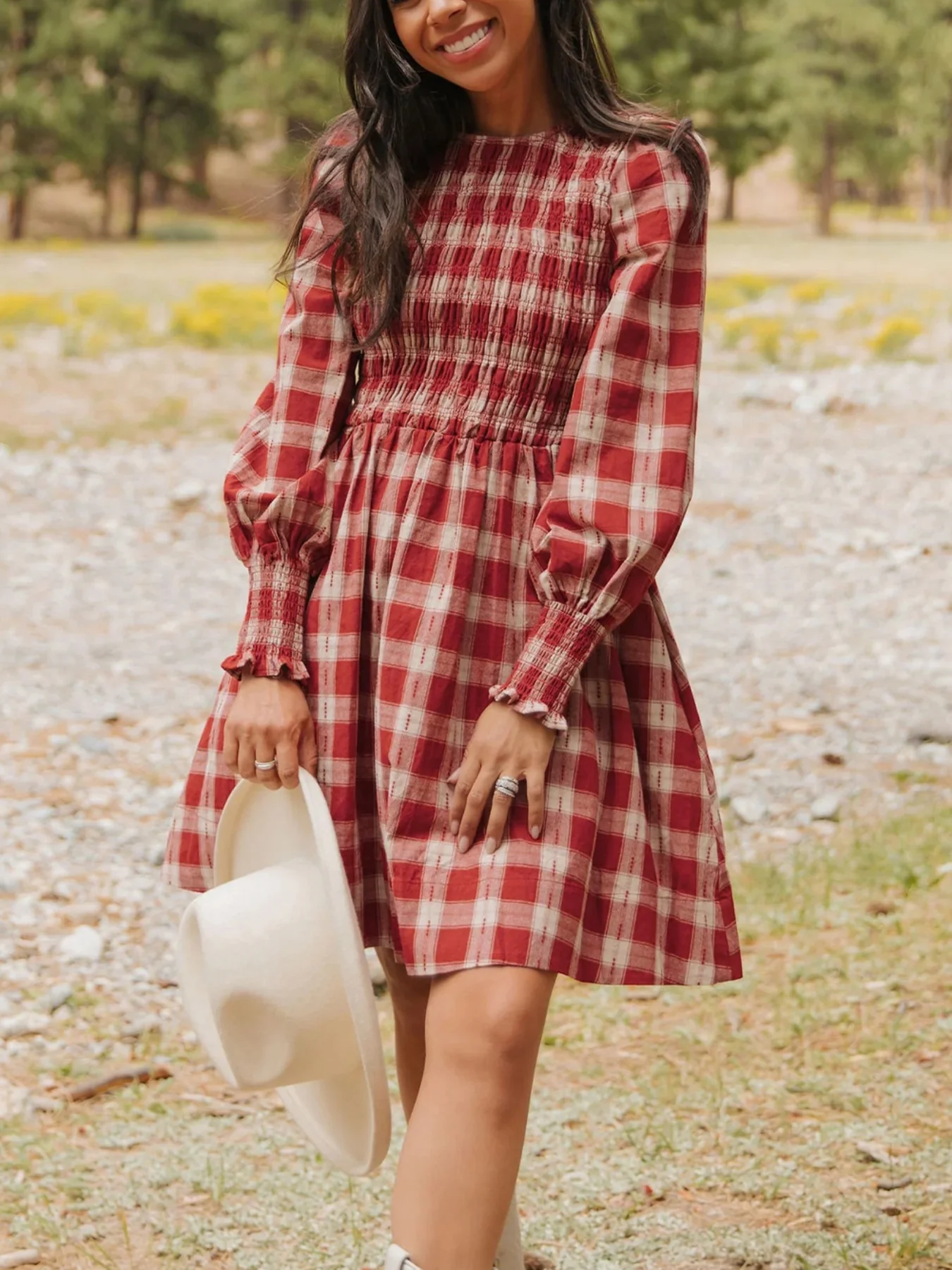Plaid Print Smocked Puff Sleeve Mini Dress - Image 3