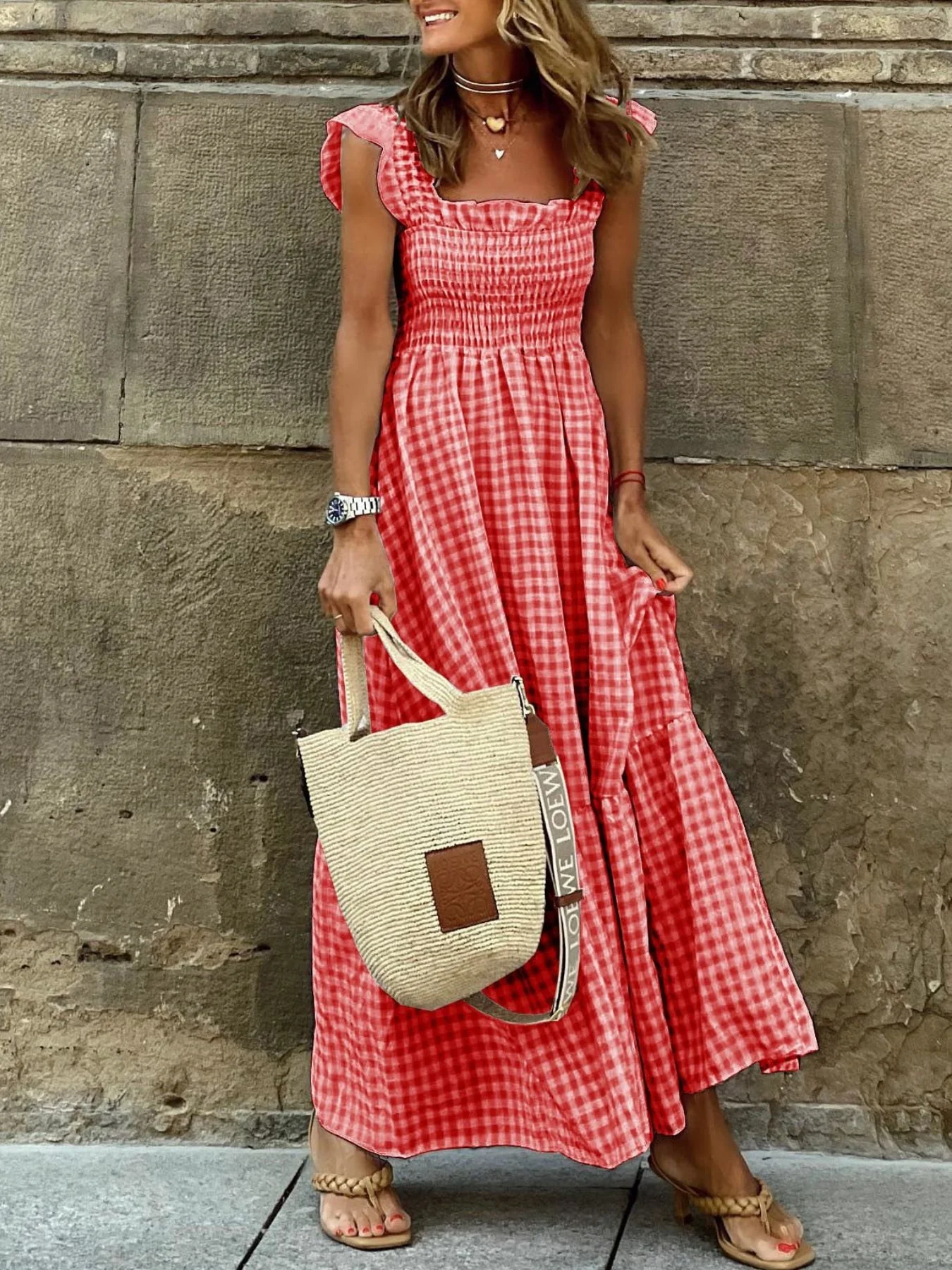 Plaid Ruffle Sleeve Maxi Dress - Image 5