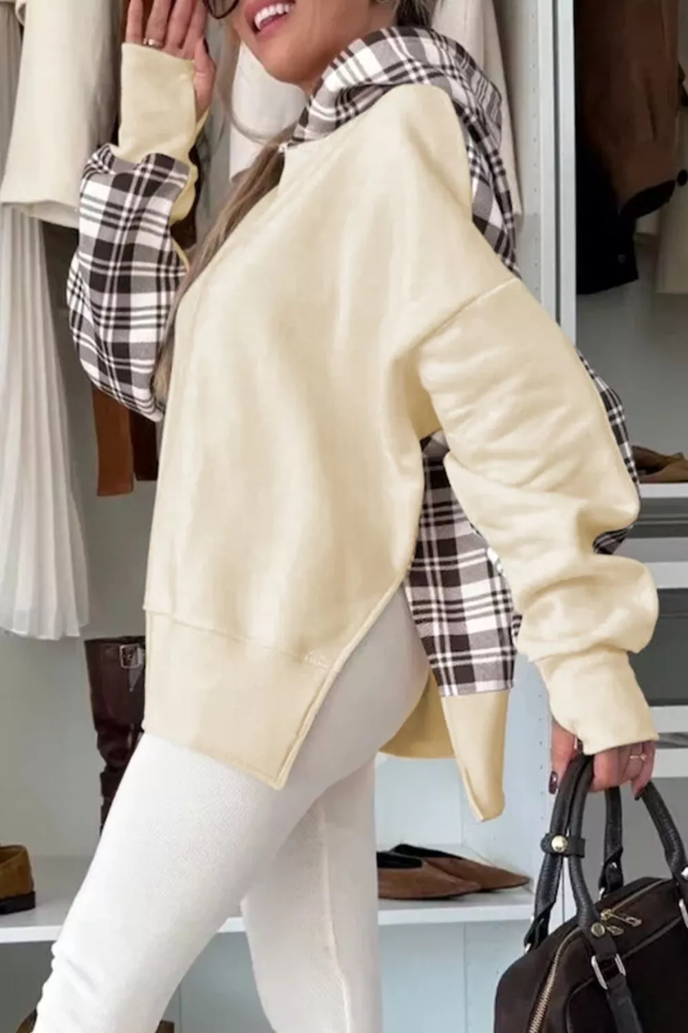 Plaid Side Slit Long Sleeve Hoodie - Image 3