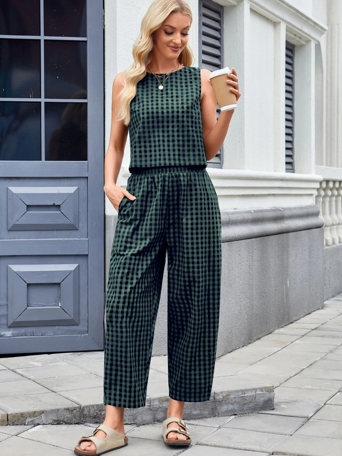 Plaid Sleeveless Top and Pants Set - Image 26