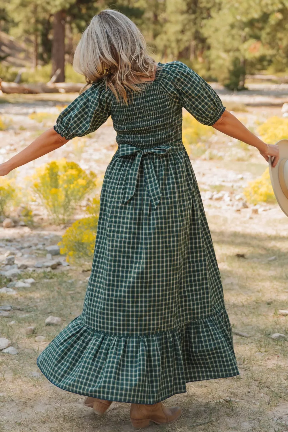 Plaid Square Neck Shirred High Waist Ruffle Hem Maxi Dress - Image 2