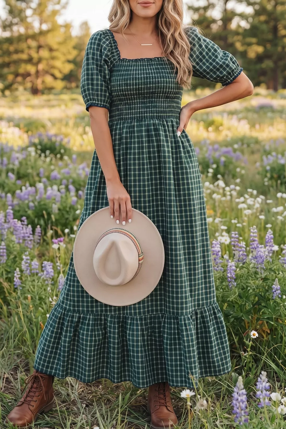 Plaid Square Neck Shirred High Waist Ruffle Hem Maxi Dress - Image 3