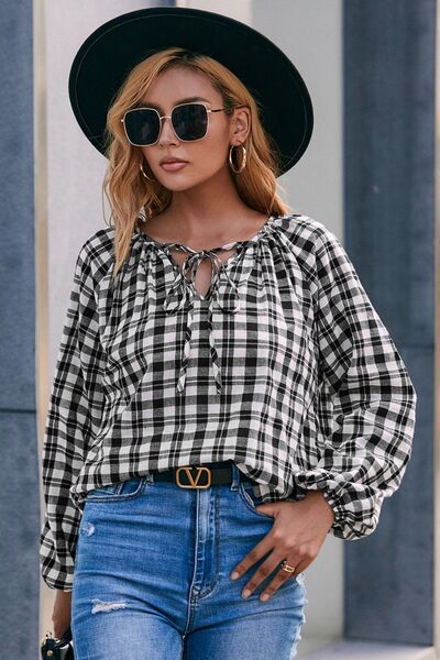 Plaid Tie Neck Balloon Sleeve Blouse - Image 2