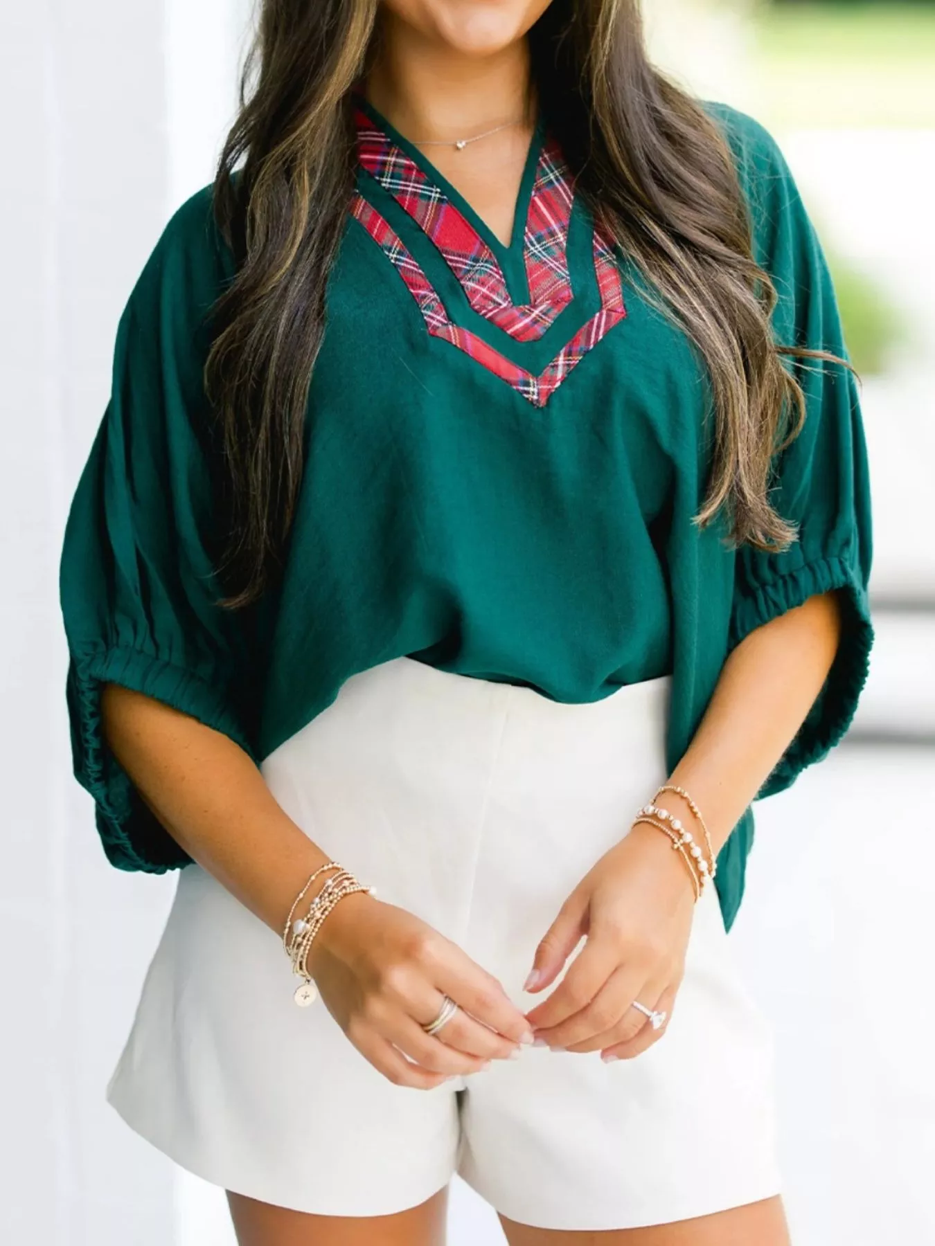 Plaid Trim Half Sleeve Blouse - Image 2