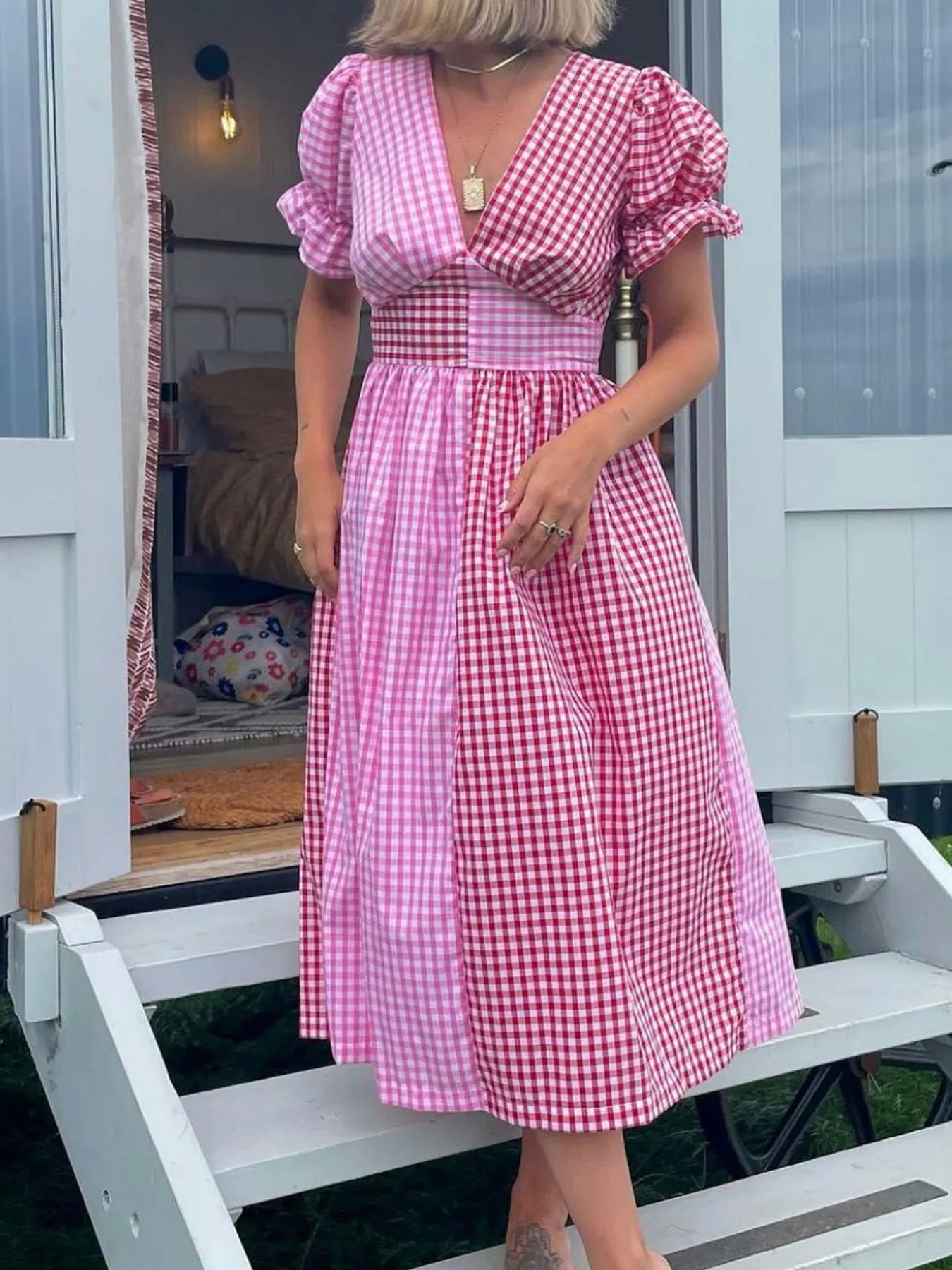 Plaid V-Neck Puff Sleeve Dress - Image 6