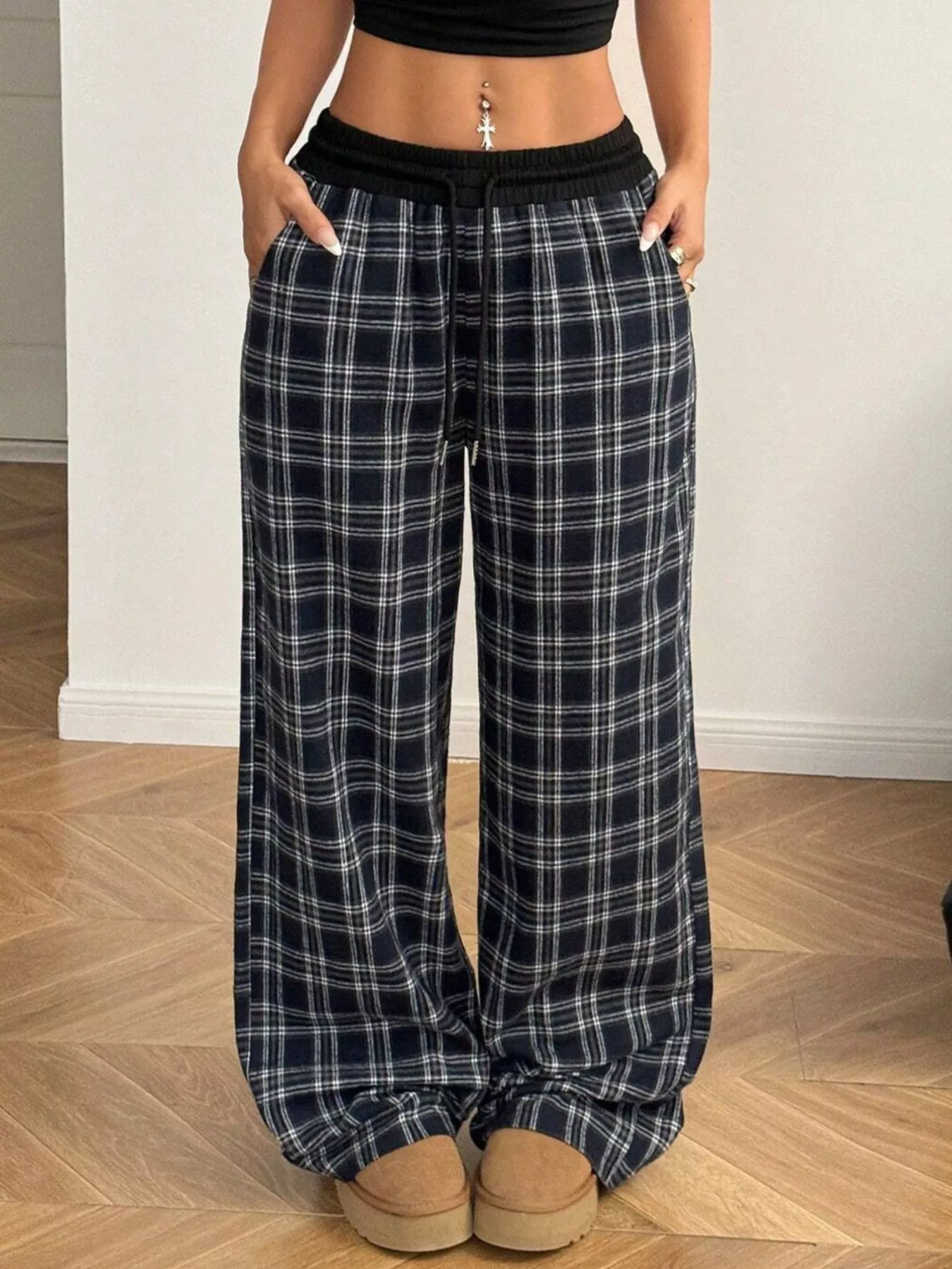 Plaid Wide-Leg Pants with Elastic Waistband - Image 15