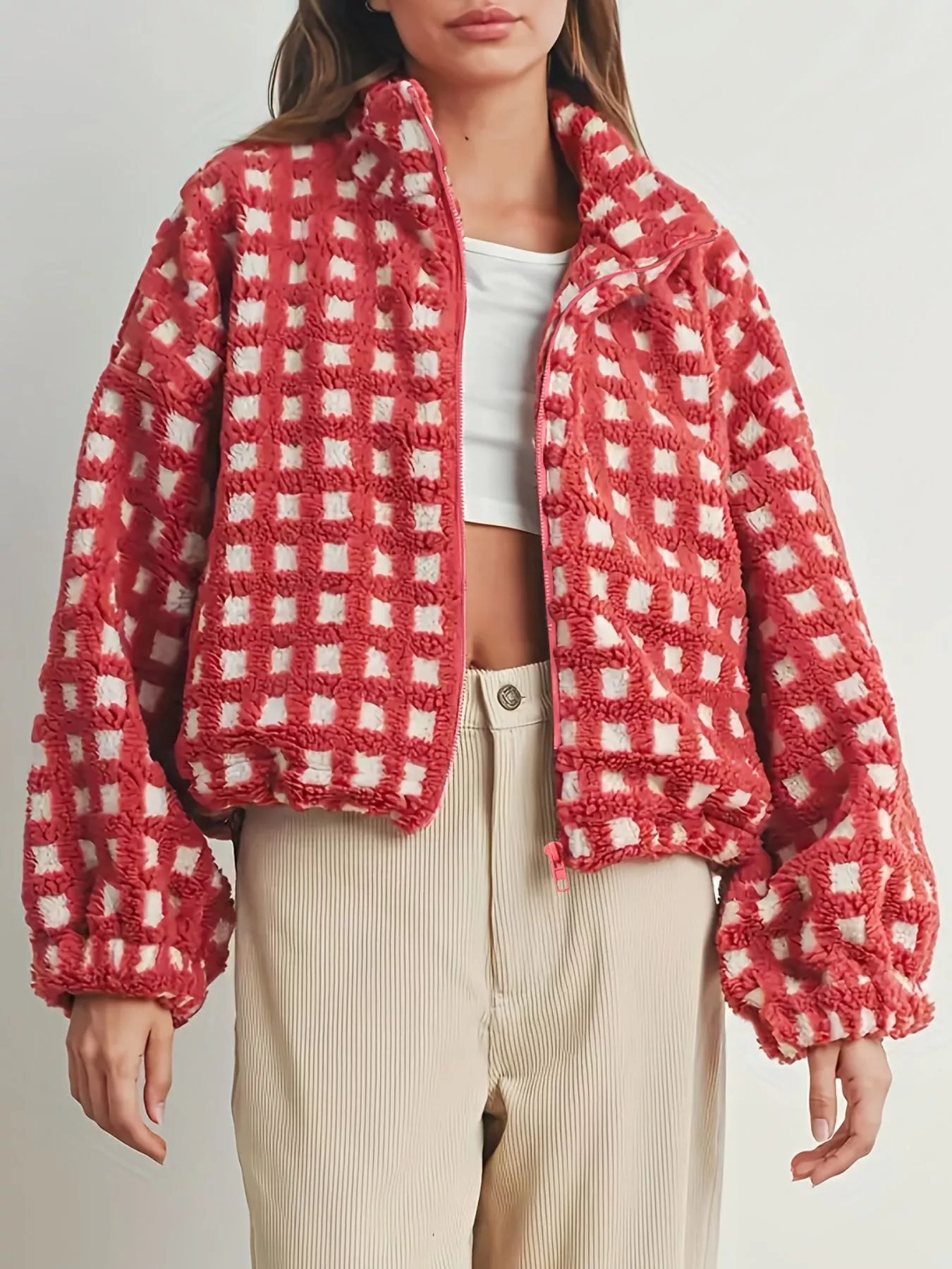 Plaid Zip Up Sherpa Jacket - Image 3