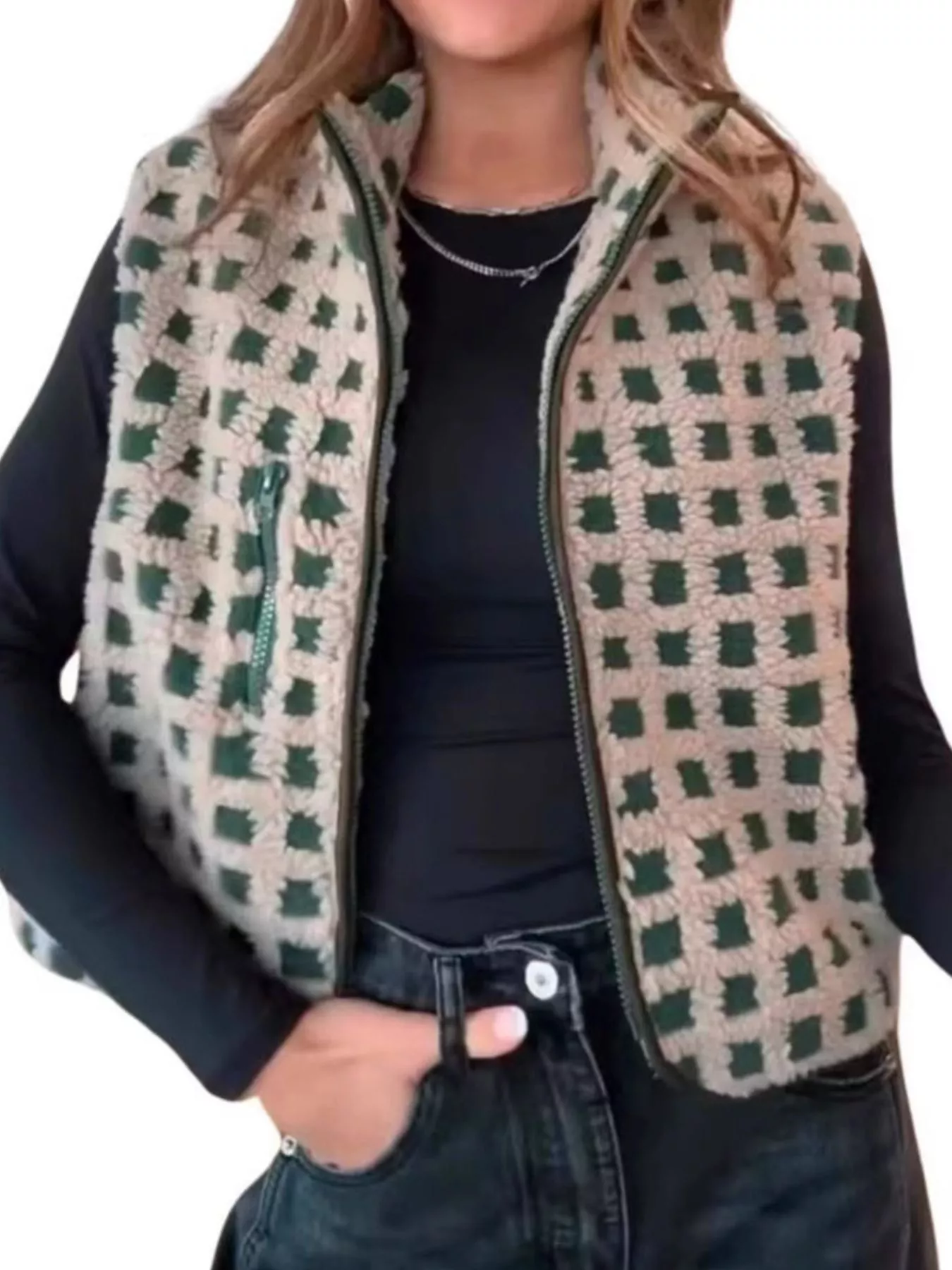 Plaid Zip Up Vest Coat - Image 11