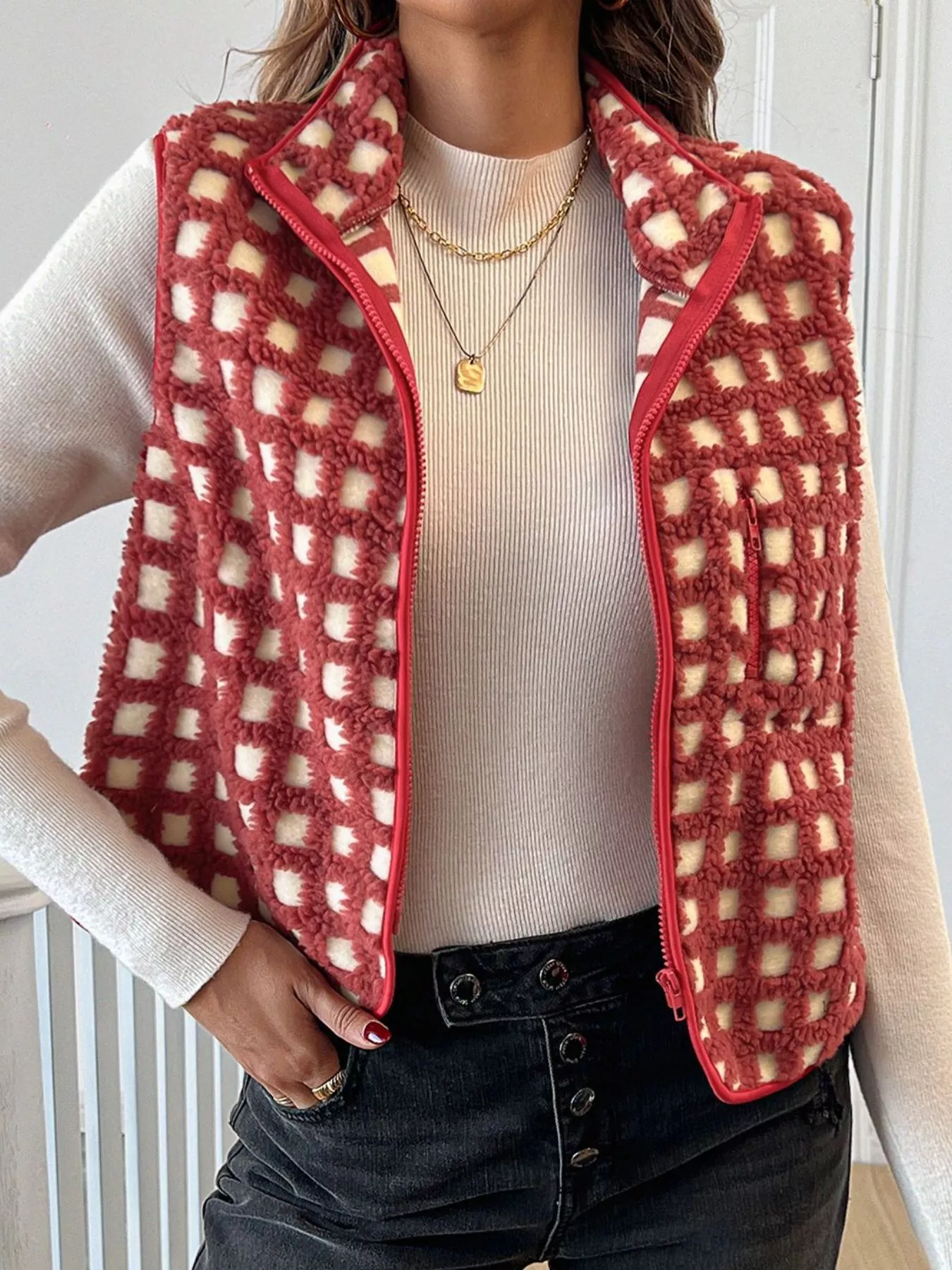 Plaid Zip Up Vest Coat - Image 2