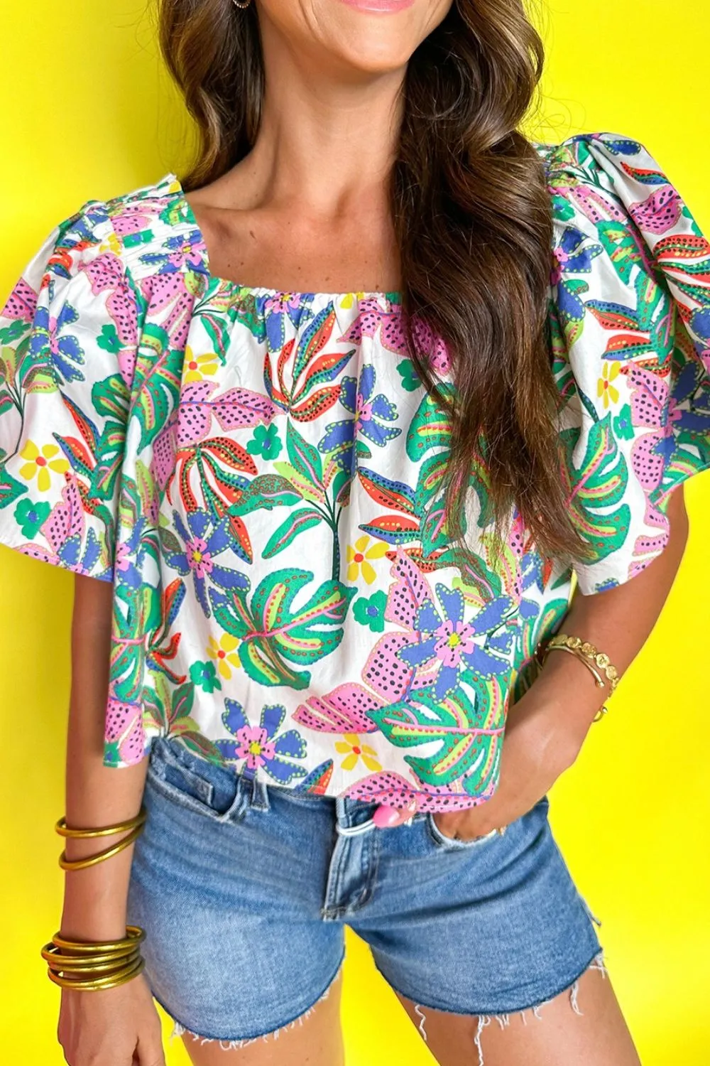 Plant Print Loose Fit Puff Sleeve Square Neck Blouse