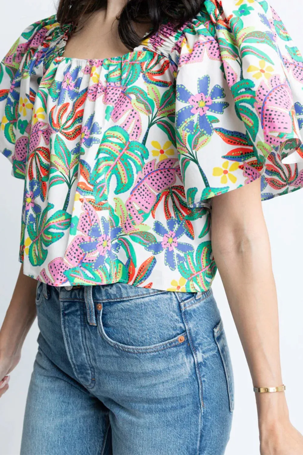 Plant Print Loose Fit Puff Sleeve Square Neck Blouse - Image 3