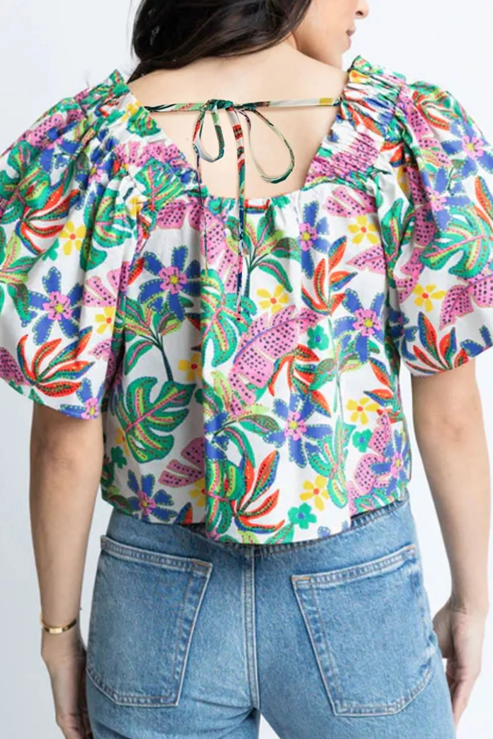 Plant Print Loose Fit Puff Sleeve Square Neck Blouse - Image 4