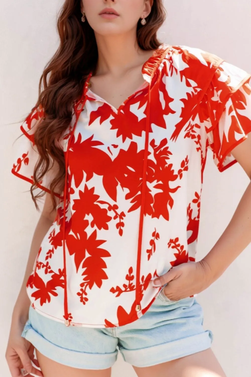 Plant Print Tiered Ruffled Sleeve Tie Neck Blouse - Image 2