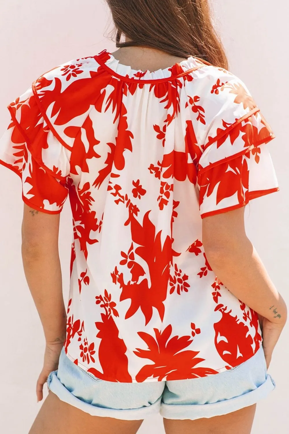 Plant Print Tiered Ruffled Sleeve Tie Neck Blouse - Image 3