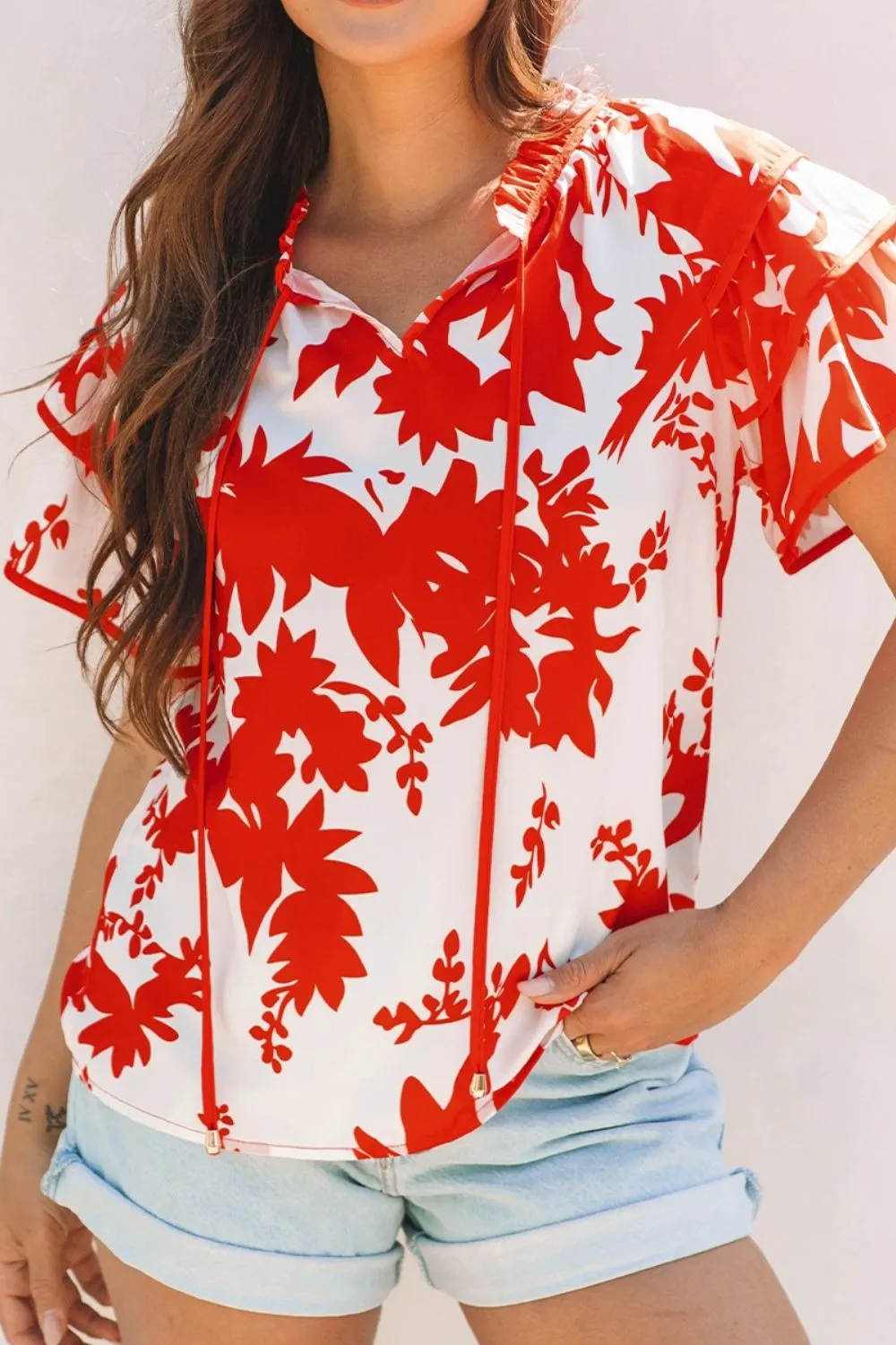 Plant Print Tiered Ruffled Sleeve Tie Neck Blouse - Image 4