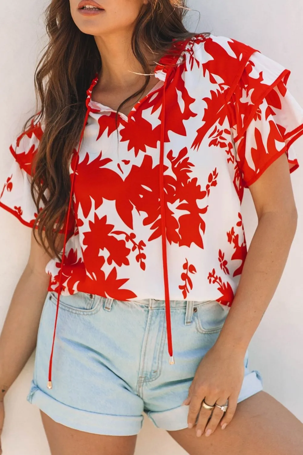 Plant Print Tiered Ruffled Sleeve Tie Neck Blouse - Image 5