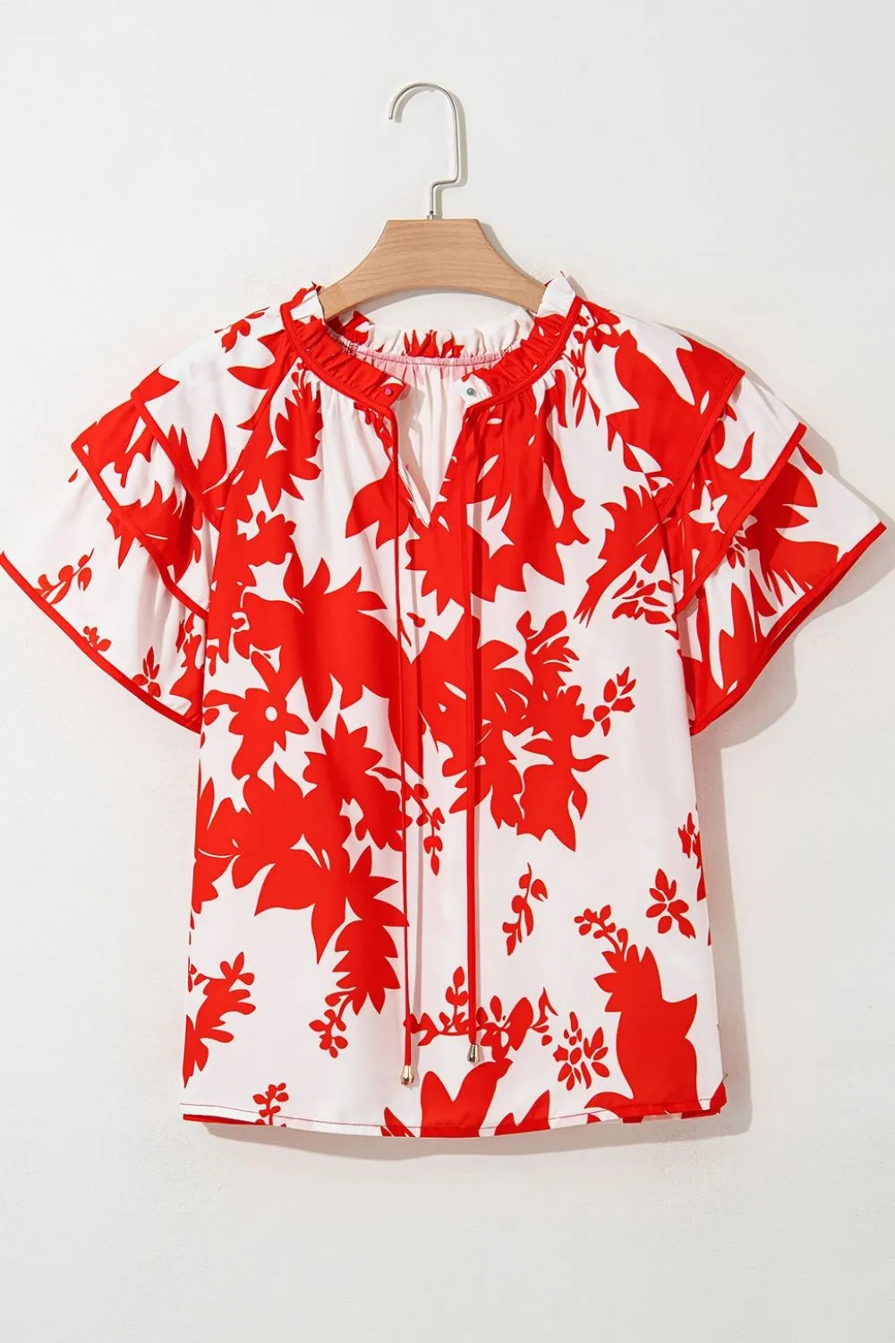 Plant Print Tiered Ruffled Sleeve Tie Neck Blouse - Image 7