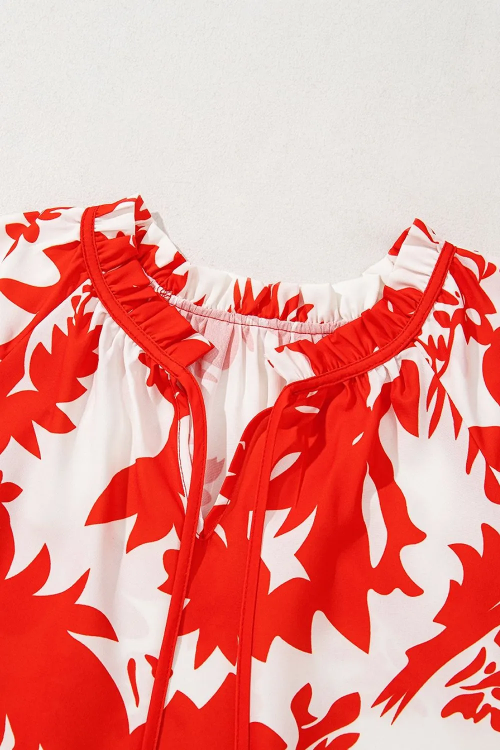 Plant Print Tiered Ruffled Sleeve Tie Neck Blouse - Image 9