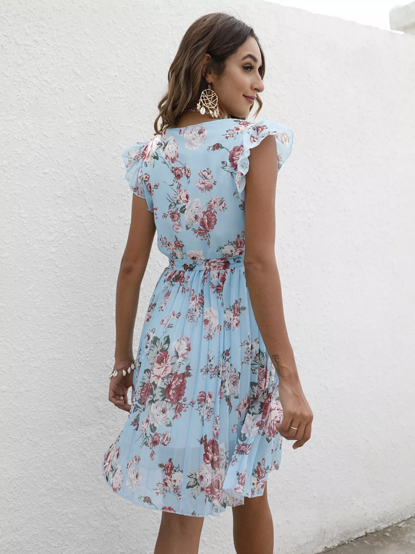 Pleated Floral Print Ruffle Sleeve Dress - Image 15