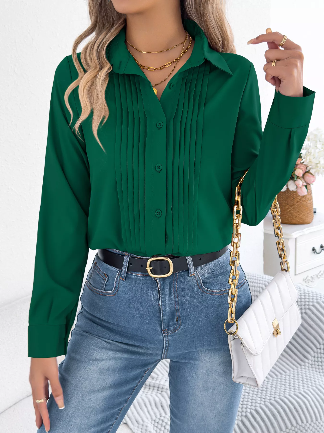 Pleated Front Long Sleeve Shirt - Image 11