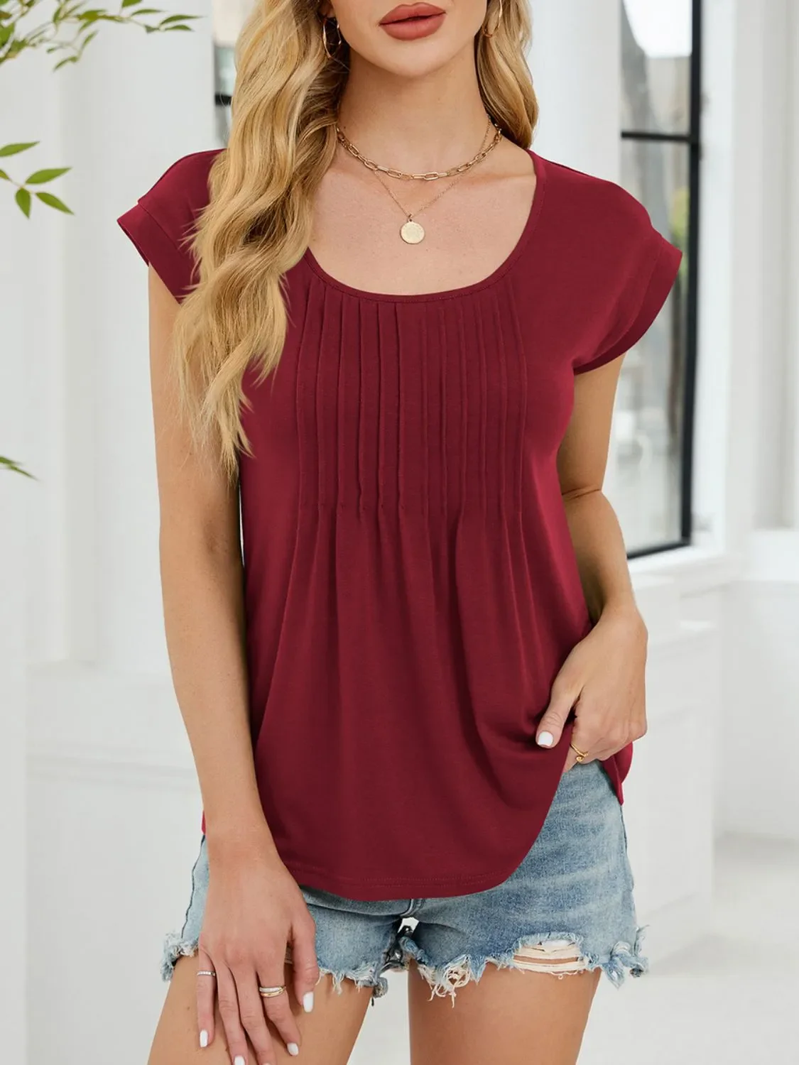 Pleated Front Scoop Neck T-Shirt - Image 8