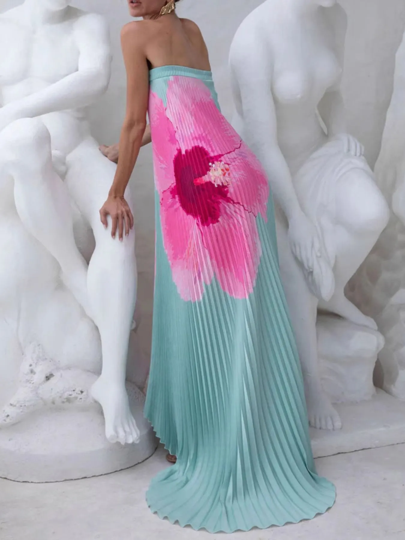 Pleated Printed Tube Floor Length Dress - Image 4