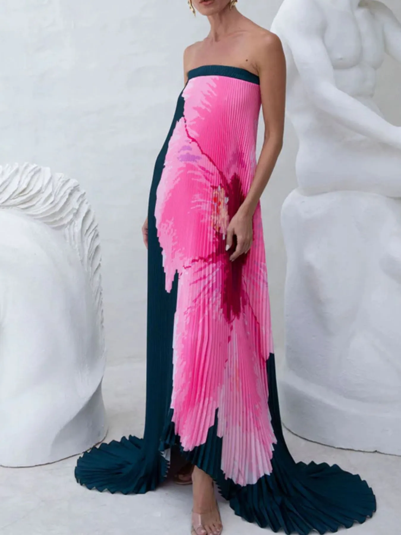 Pleated Printed Tube Floor Length Dress - Image 6