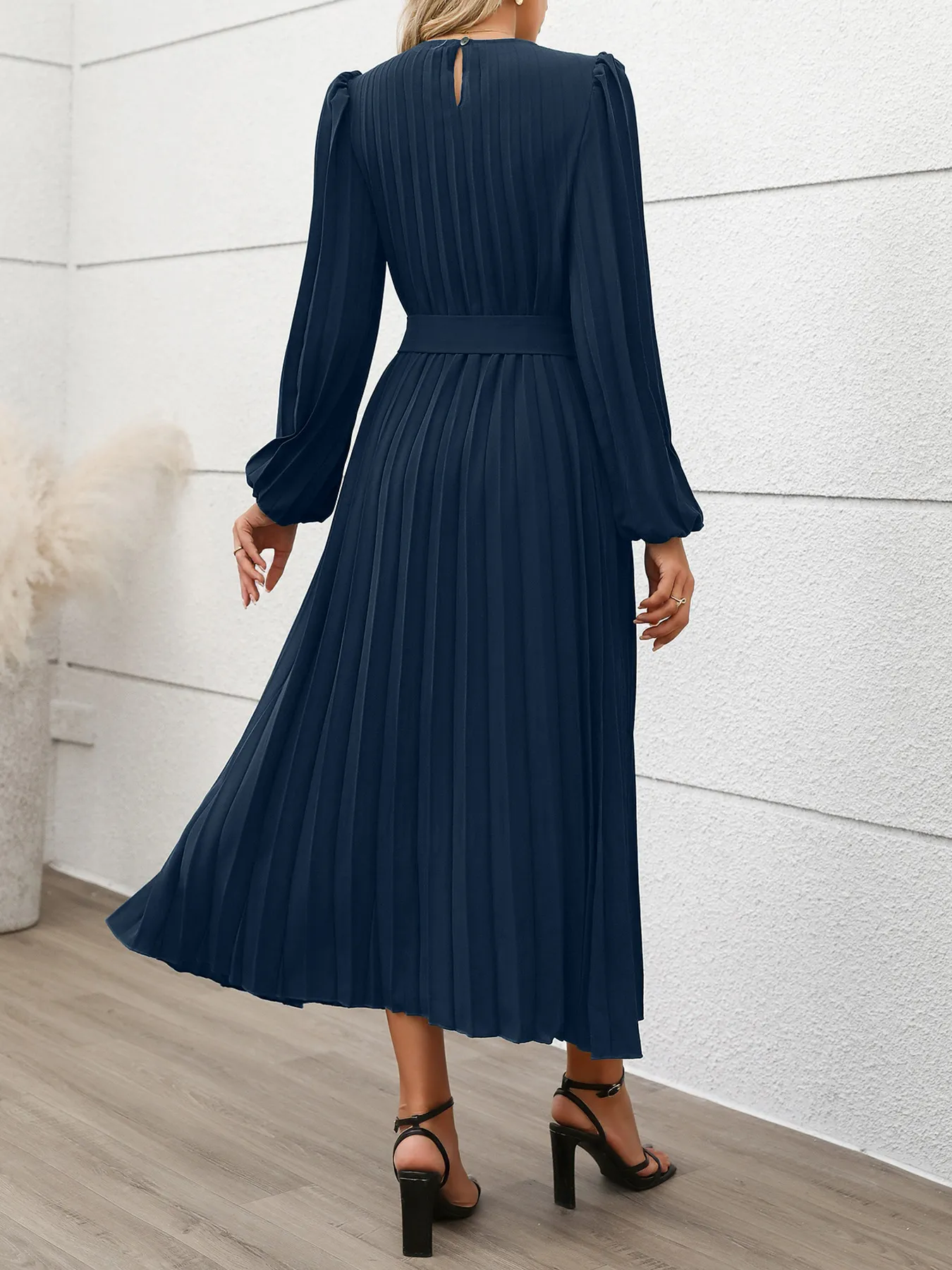Pleated Round Neck Long Sleeve Dress - Image 13
